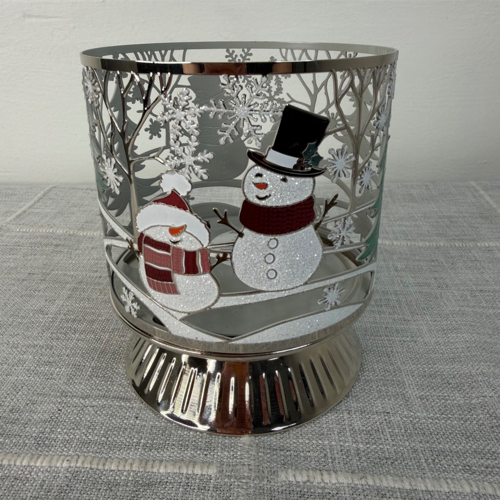 Bath & Body Works Happy Snowman Couple Scene 3-Wick Candle Holder Pedestal
